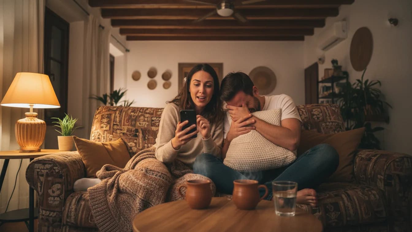 Um casal de uns trinta anos no sofá de casa à noite, ela lê uma pergunta no celular com a sobrancelha levantada e ele tapa o rosto com uma almofada enquanto ri, um abajur e xícaras de chá