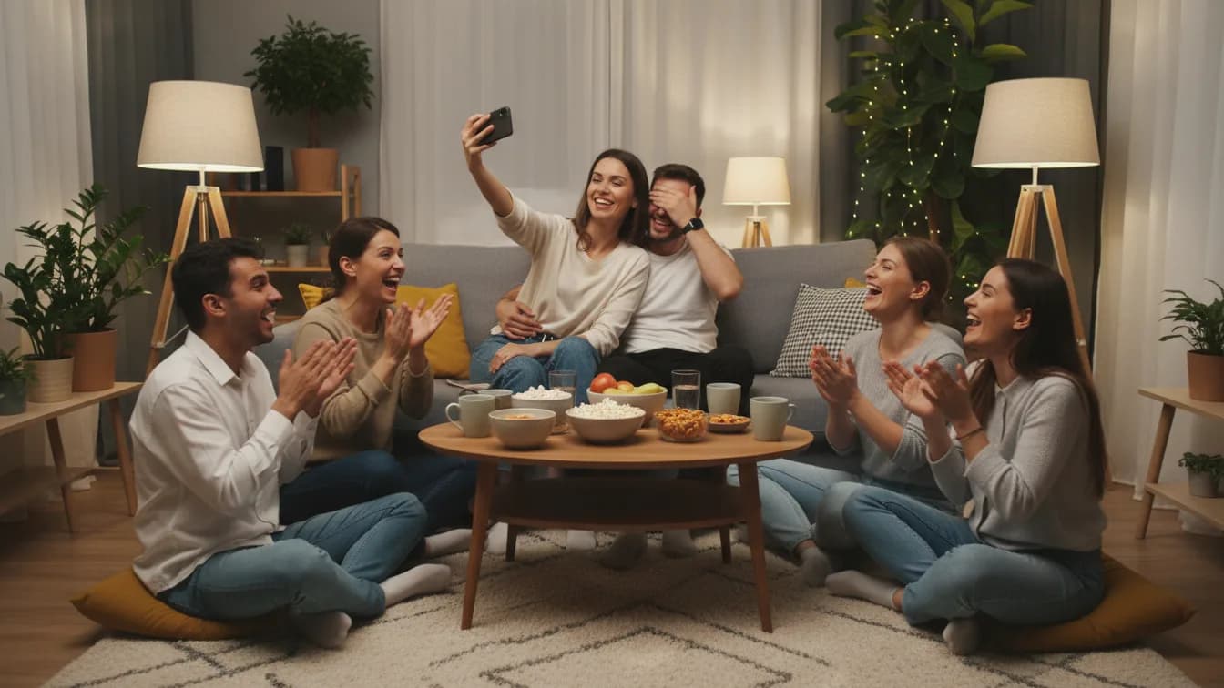 Para na kanapie: kobieta z uśmiechem unosi telefon, mężczyzna zakrywa oczy w udawanej rozpaczy, a dwie inne pary siedzące na podłodze przy stoliku śmieją się i klaszczą