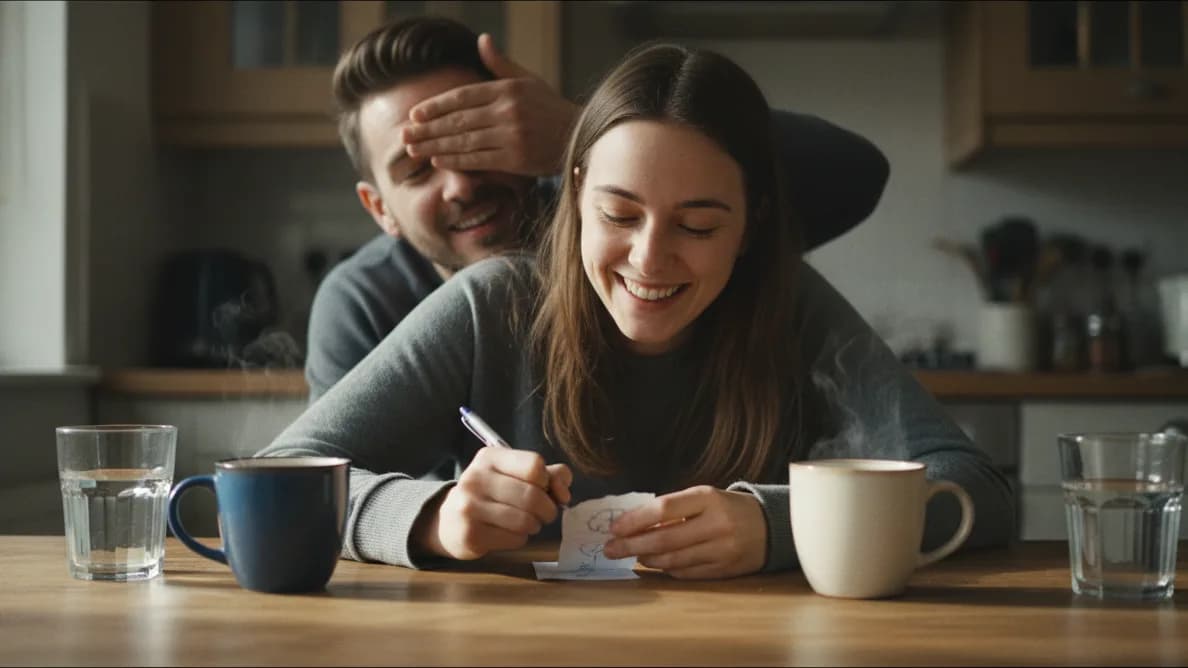 Młoda kobieta przy kuchennym stole z uśmiechem zapisuje odpowiedź na małej kartce, a jej partner stoi za nią i zasłania sobie oczy dłonią