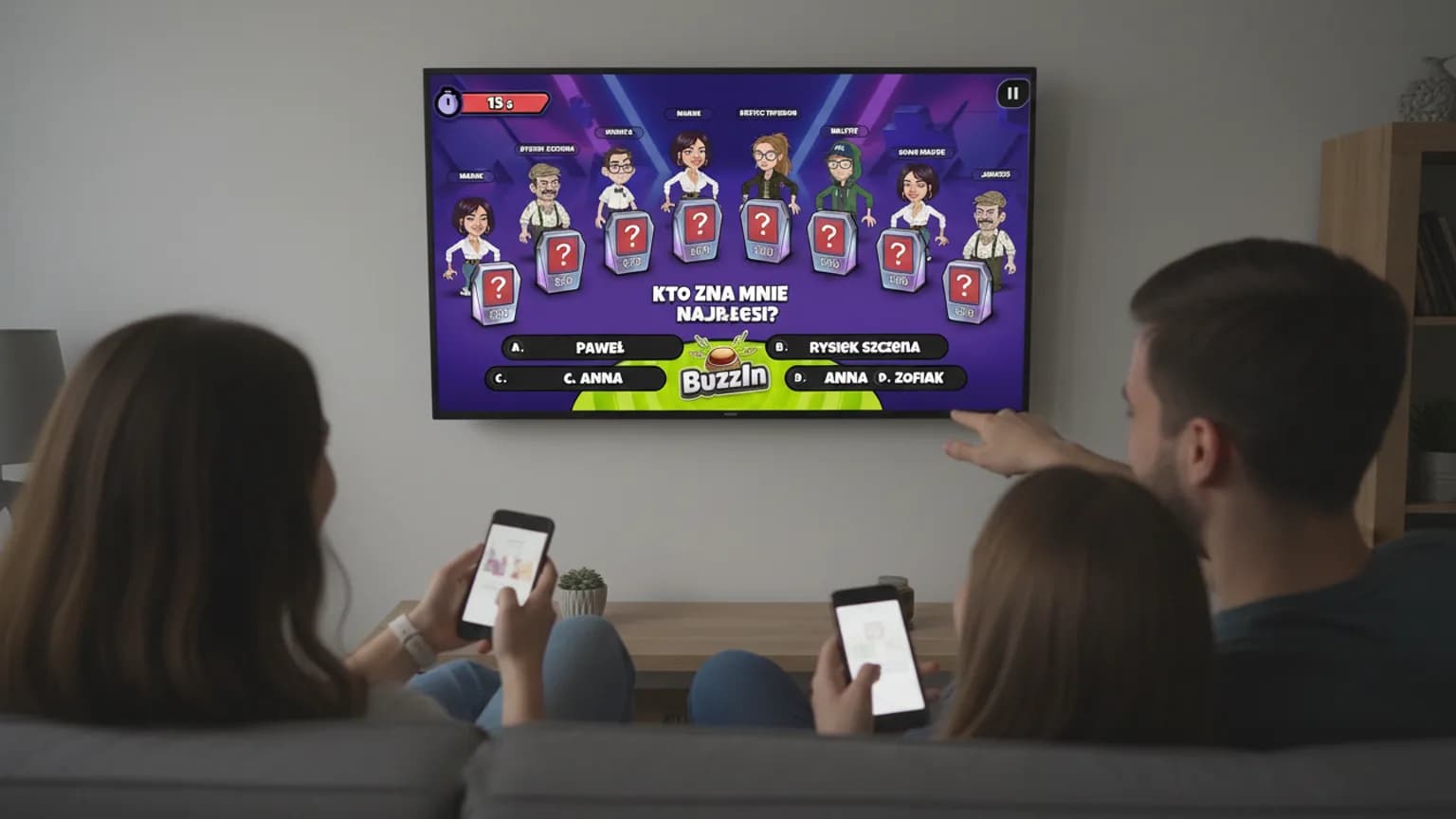 Telewizor z pytaniem quizu i czterema odpowiedziami, przed nim znajomi z telefonami