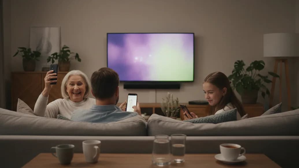 Drei Generationen auf einem Sofa vor einem großen Fernseher mit lila leuchtendem Bild, alle halten Handys in der Hand, die Oma reckt ihres triumphierend in die Höhe