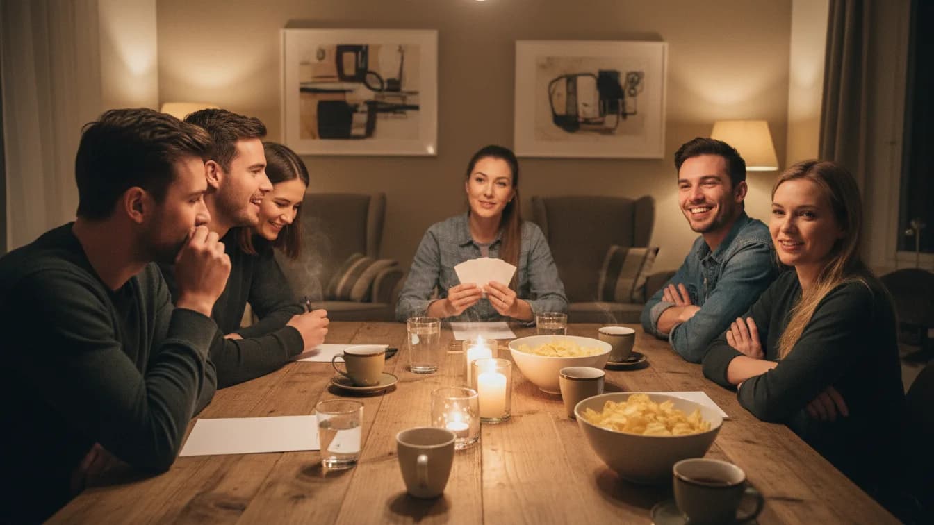 Zwei Teams an einem langen Holztisch beim Quizabend, ein Team steckt flüsternd die Köpfe zusammen, das andere lehnt sich siegessicher zurück, am Kopfende hält die Quizmasterin Karten in der Hand
