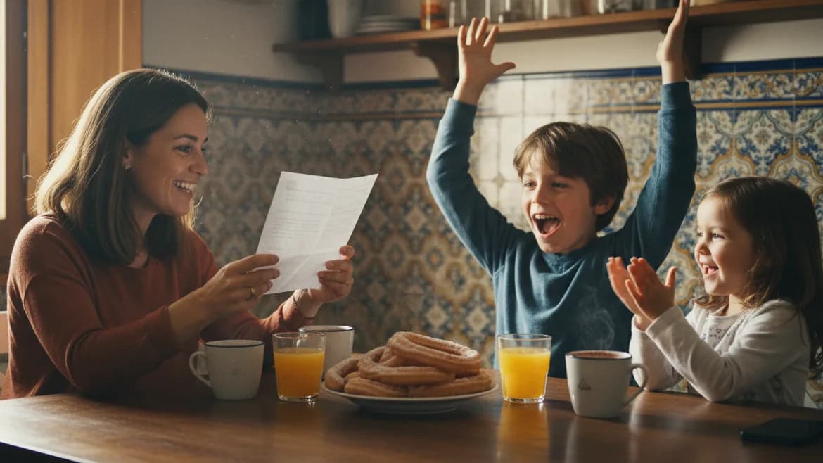 Una madre lee una definición en voz alta en la mesa de la cocina y su hijo de unos nueve años responde con los brazos en alto mientras su hermana pequeña aplaude