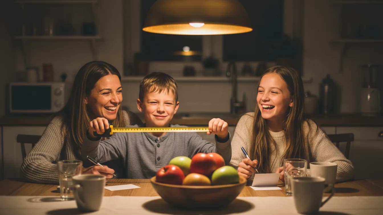 Eine Familie am Küchentisch am Abend, ein Junge hält ein gelbes Maßband zwischen den Händen und schätzt mit einem zugekniffenen Auge, Mutter und Schwester lachen mit Stiften in der Hand