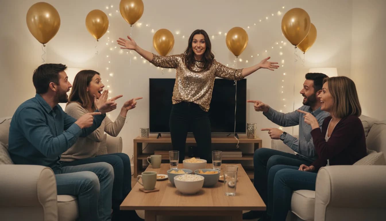 Freundinnen und Freunde um die dreißig in einem Wohnzimmer an Silvester, eine Frau im Paillettenoberteil spielt mit großen Gesten einen Begriff vor, die anderen sitzen auf Sofas, zeigen auf sie und raten, goldene Luftballons, Lichterketten, Snacks und Saft auf dem Tisch
