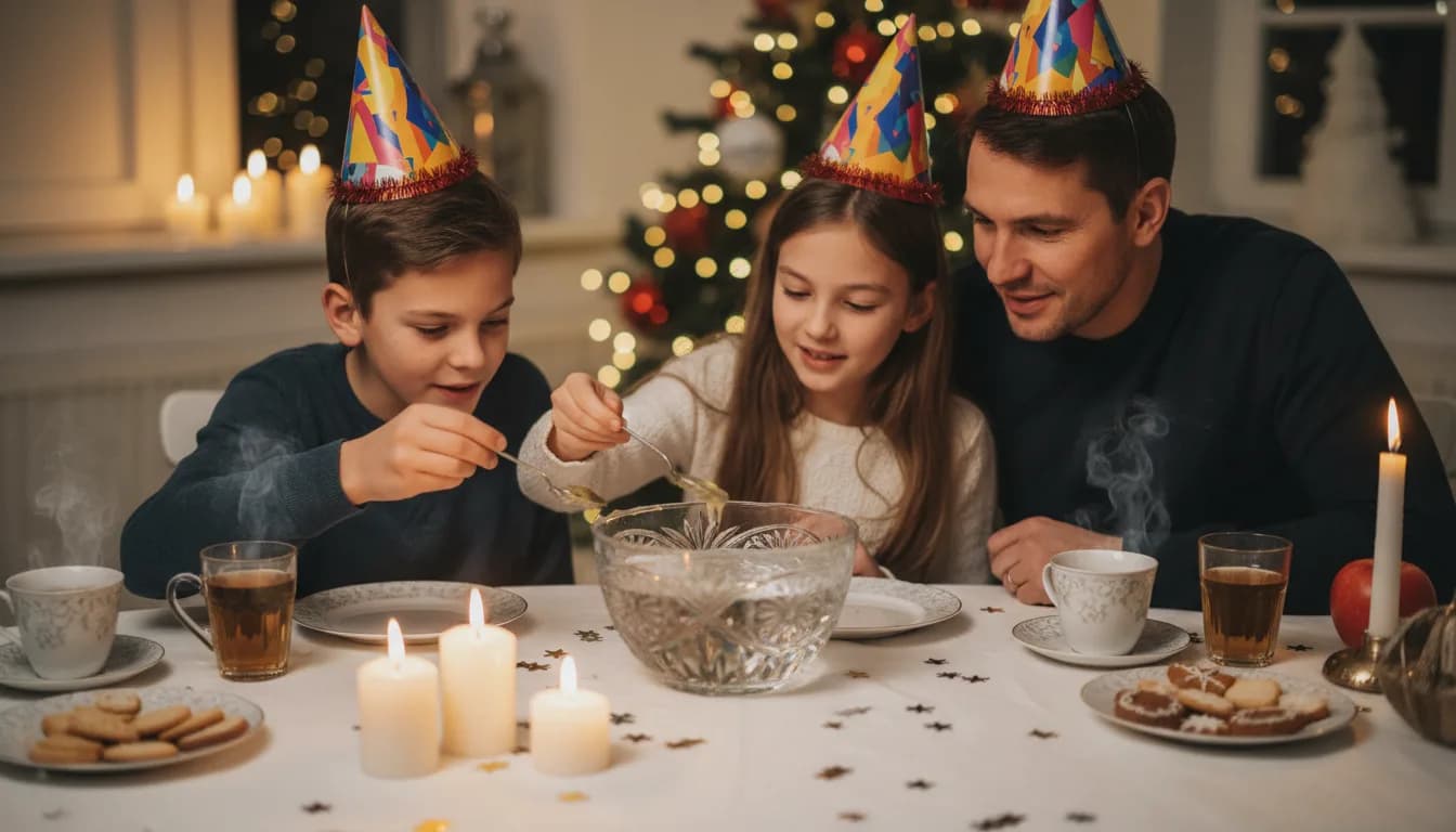 Familie am Silvesterabend am Tisch, ein Junge und ein Mädchen mit Partyhüten und ihr Vater halten einen Löffel mit flüssigem Wachs über eine Schüssel Wasser, Kerzen, Konfetti und Gläser mit Apfelsaft