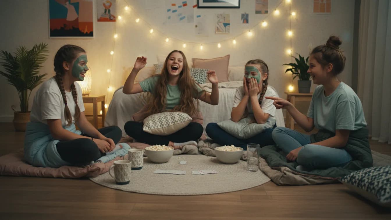 Four girls around thirteen sit on sleeping bags on a bedroom floor playing cards, two wearing green face masks, one laughing with her arms up, bowls of popcorn and fairy lights on the wall