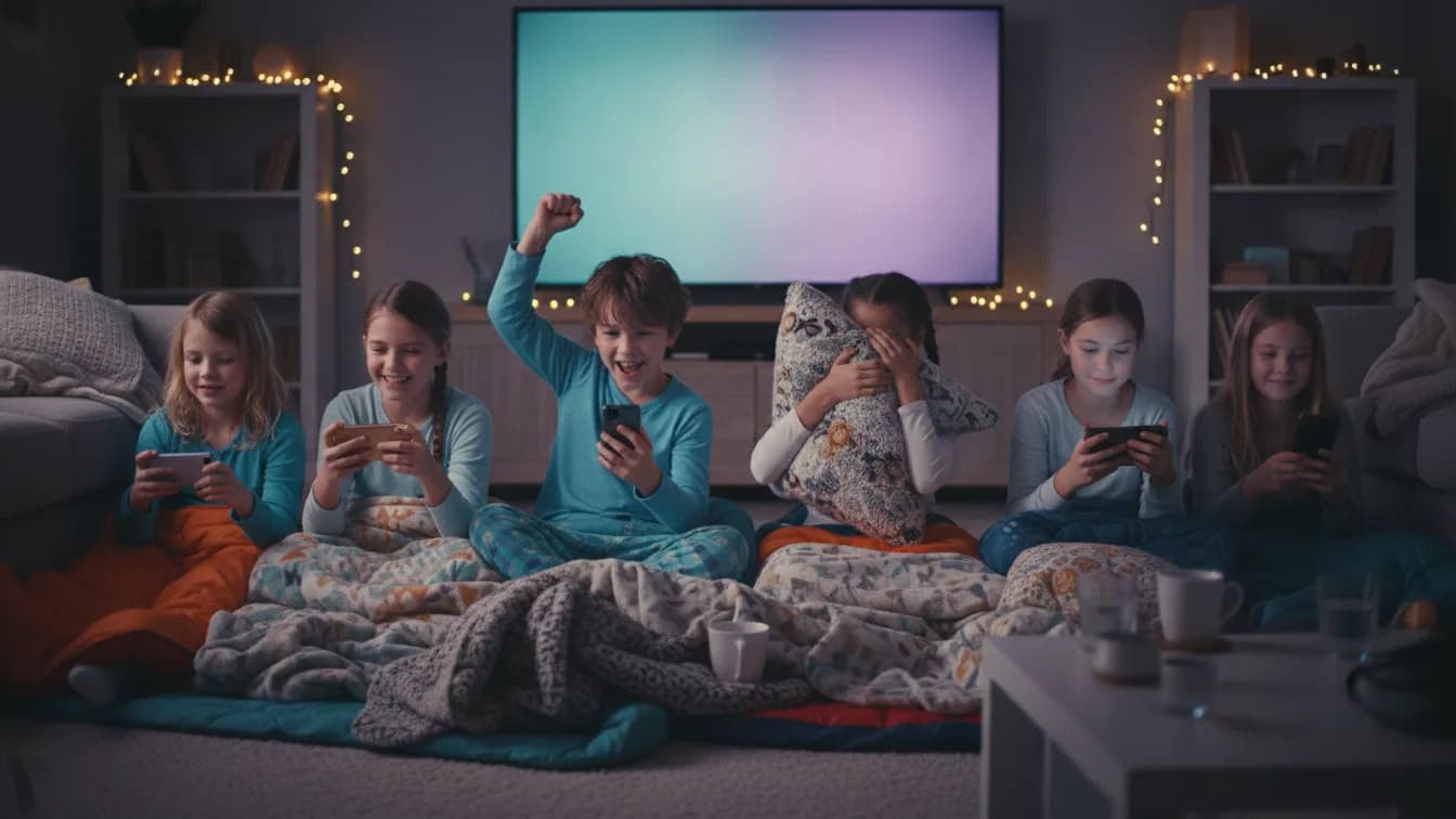 Five kids in pyjamas sit on sleeping bags on a living room floor in front of a big TV with a glowing screen, each holding a phone, one boy pumping his fist, a girl hiding her face in a pillow