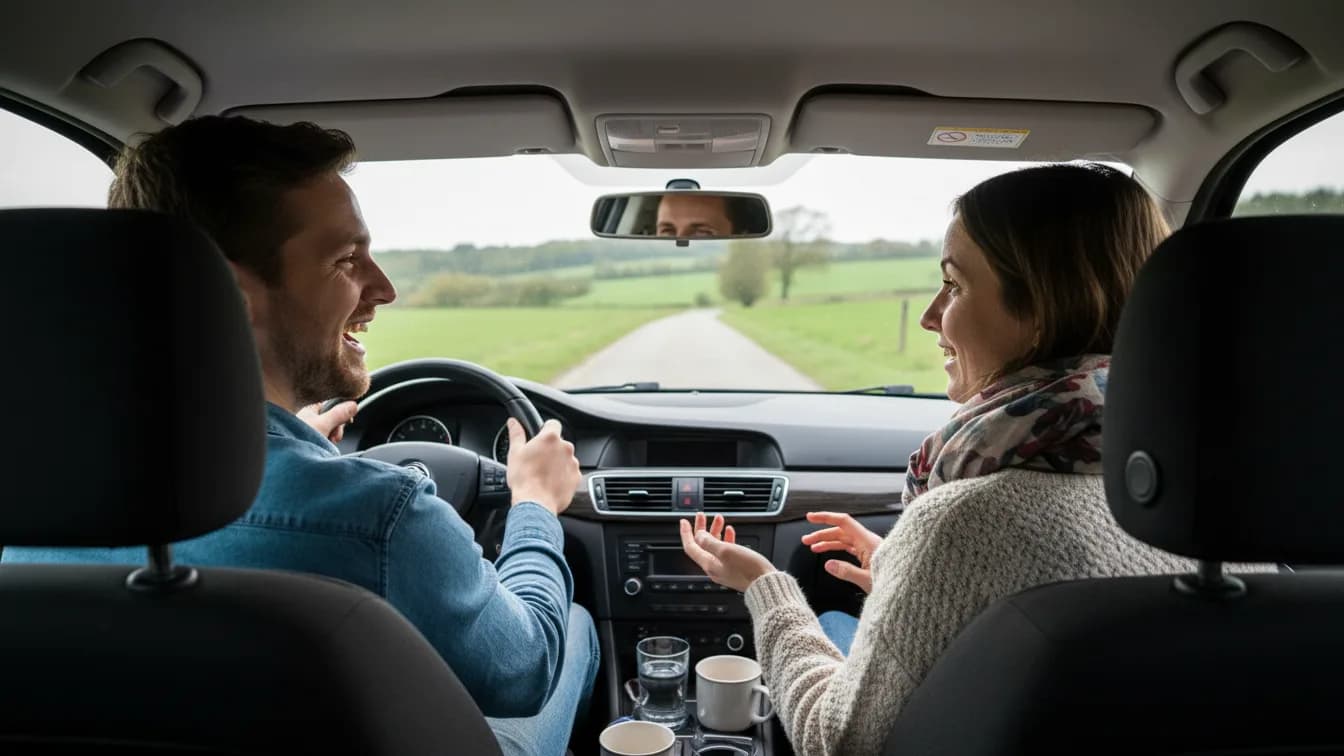 Blick von der Rückbank eines Autos auf ein Paar: Die Frau auf dem Beifahrersitz stellt dem Fahrer lächelnd eine Frage, er lacht mit Blick auf die Landstraße