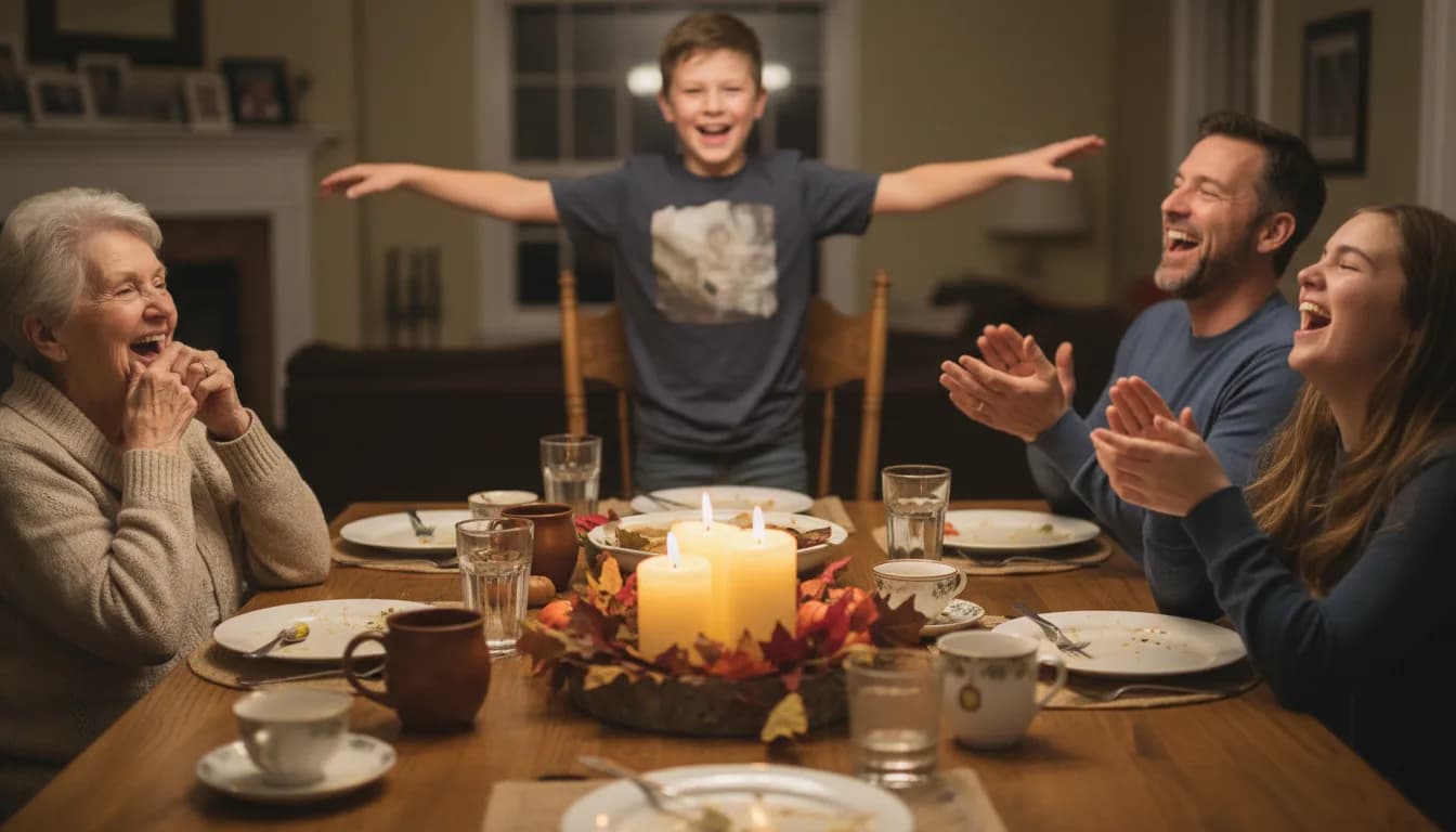 A Thanksgiving dinner table after the meal with an autumn leaves centerpiece and candles, a boy of about ten stands flapping his arms like a turkey while his grandmother, his parents and a teenage girl laugh