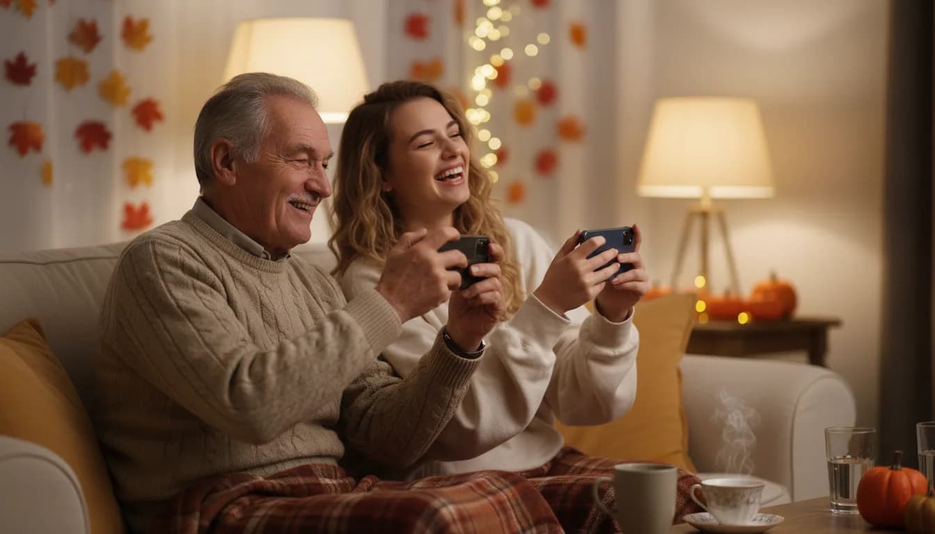 A grandfather around seventy and his granddaughter around twenty sit on a sofa with a plaid blanket, both holding phones up like game show buzzers, he squints at his screen and she laughs and points at a TV out of frame, autumn decorations behind them