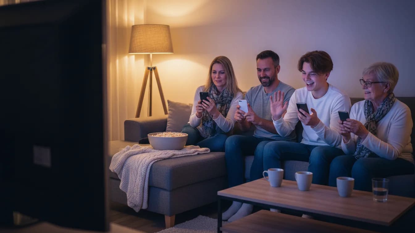 A family of four on a sofa in the evening, parents, a teenage son and a grandmother, each holding a smartphone to vote, the teenager laughing and waving at his dad, the back of a TV in the foreground