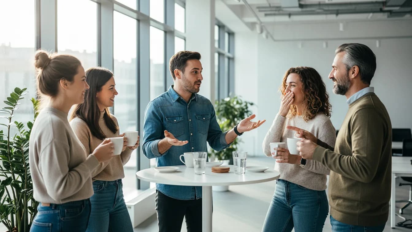 Six coworkers stand around a high table with coffee mugs in a bright office, a man in a denim shirt shrugs innocently while a colleague covers her mouth laughing and another points at him