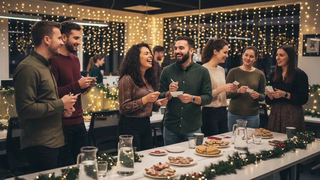 Kolleginnen und Kollegen stehen in einem mit Lichterketten und Tannenzweigen geschmückten Großraumbüro, halten Bingo-Karten und Stifte in der Hand und lachen miteinander, vorne ein Buffet mit Lebkuchen und Wasserkaraffen