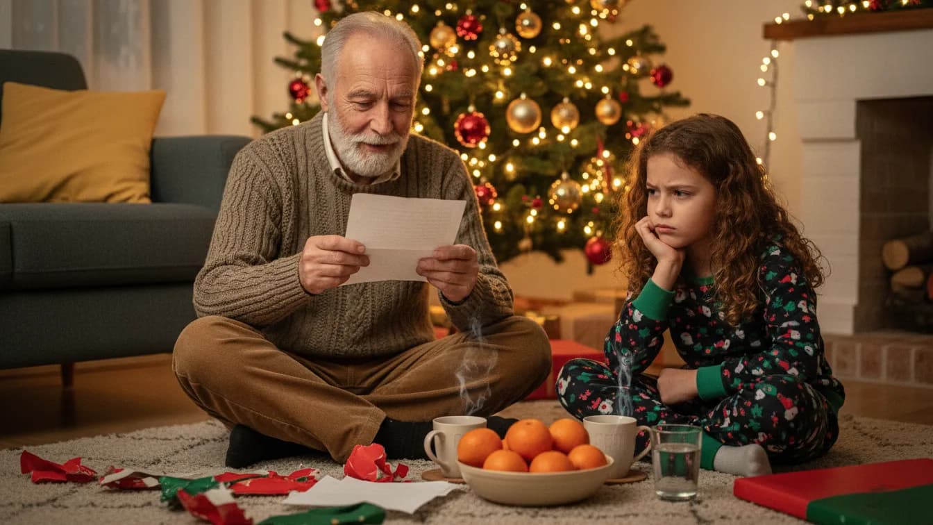 Ein Großvater und ein etwa achtjähriges Mädchen sitzen im Wohnzimmer auf dem Teppich vor dem Weihnachtsbaum, er liest von einem Zettel vor, sie hält sich grübelnd die Hand ans Kinn, daneben Geschenkpapier und eine Schale mit Mandarinen