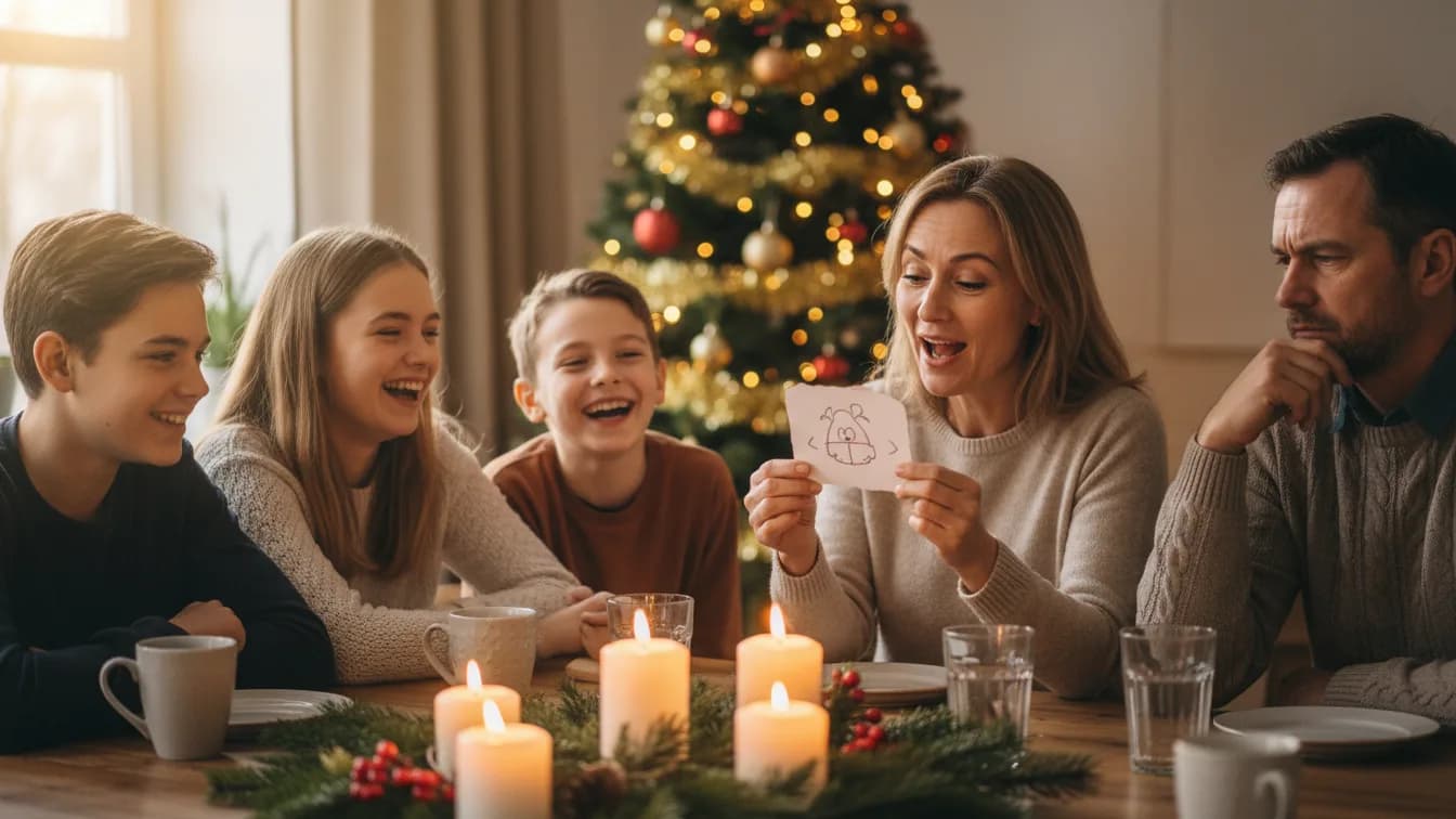 Eine Familie sitzt am Nachmittag nach dem Weihnachtsessen an einem abgeräumten Tisch mit Kerzen und Tannenzweigen, eine Frau hält eine ausgeschnittene Papierkarte hoch und liest vor, die anderen lachen und grübeln, im Hintergrund ein geschmückter Weihnachtsbaum