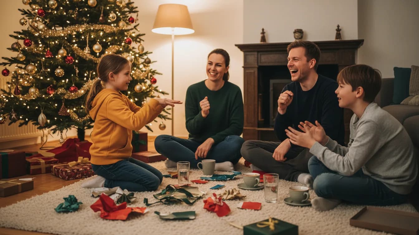 Eine Familie sitzt am Heiligabend nach der Bescherung auf dem Teppich neben dem geschmückten Weihnachtsbaum zwischen Geschenkpapier, die Tochter stellt pantomimisch etwas dar, Eltern und Sohn raten und lachen