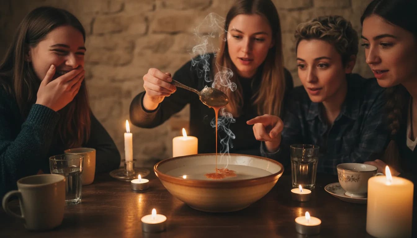 Młoda kobieta leje roztopiony wosk z łyżki przez ucho dużego żelaznego klucza do miski z zimną wodą, trzy przyjaciółki pochylają się nad miską w blasku świec, jedna zasłania usta ze śmiechu