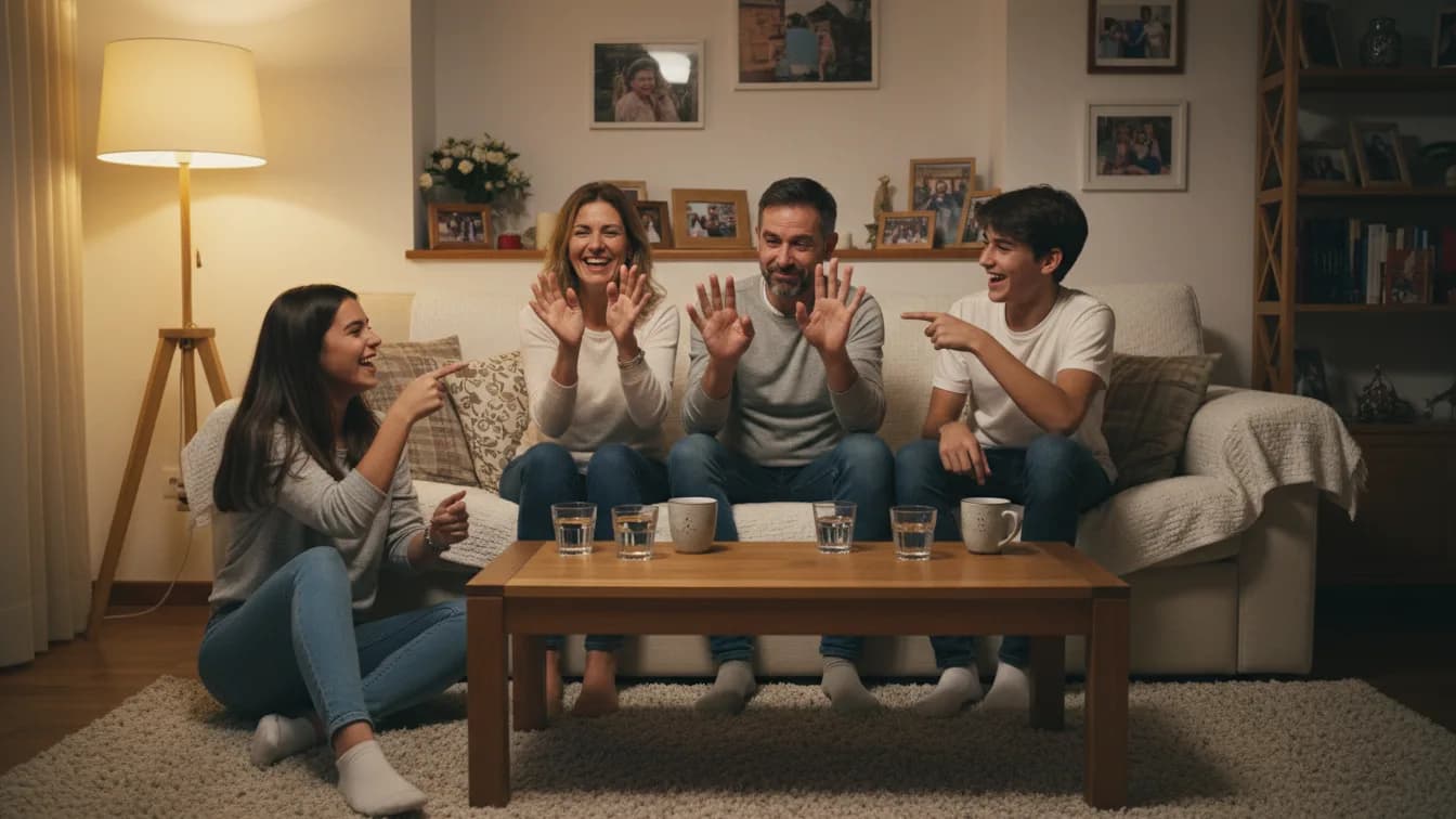 Salonda elleri havada, parmakları açık bir aile: baba mahcup bir yüzle bir parmağını indiriyor, ergen çocuklar onu gösterip gülüyor, anne alkışlıyor