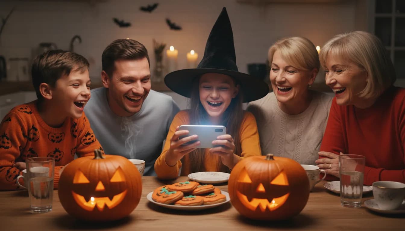 Pięcioosobowa rodzina przy kuchennym stole z dwiema wydrążonymi dyniami i ciastkami, dziewczynka w kapeluszu czarownicy trzyma telefon w górze, wszyscy się śmieją