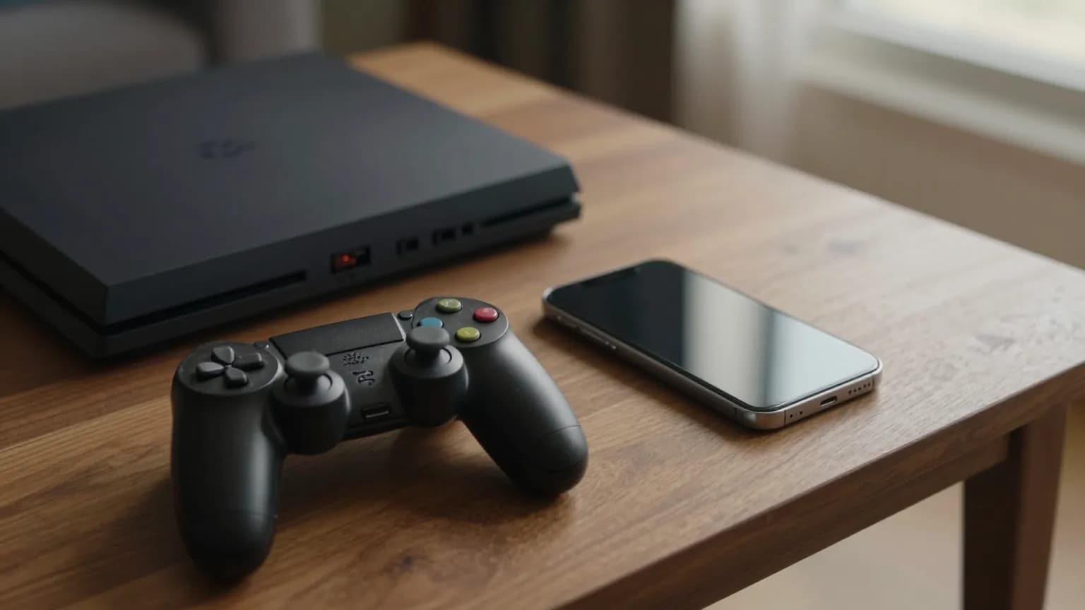 A PlayStation 4 controller and a smartphone lying side by side on a coffee table